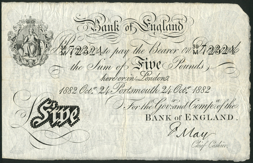 1 Bank of England, Frank May (1873-1893), £5, Portsmouth, 24 October 1882, serial number 39/M 72324,