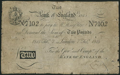 1 Bank of England, Henry Hase (1807-1829), a contemporary forgery of a £2, London, 7 February