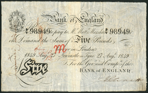 1 Bank of England, Matthew Marshall (1835-1864), £5, Newcastle on Tyne, 27 August 1849, serial