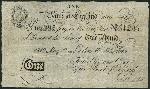 1 Bank of England, Henry Hase (1807-1829), £1, London, 10 May 1819, serial number 61295, black and