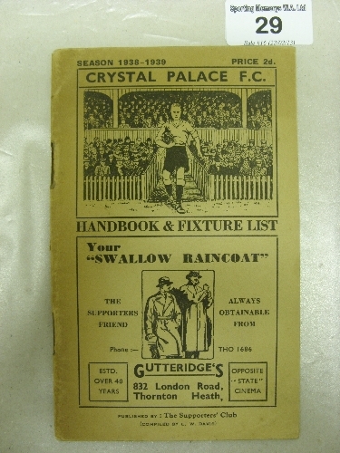 1938/39 Crystal Palace, Handbook & Fixture List, in good condition.