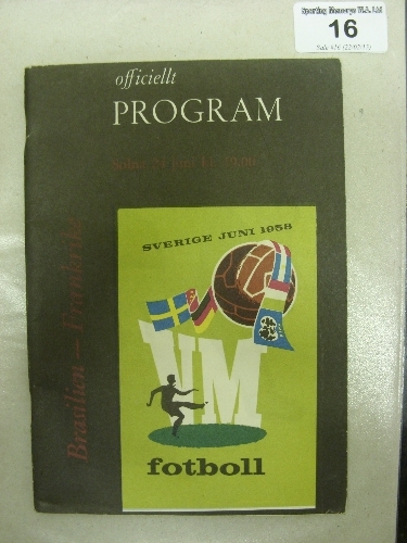 1958 World Cup Semi-Final, Brazil v France, a programme from the game played in Stockholm on 24/06/