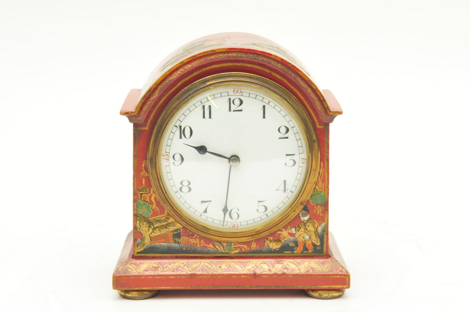 A 1920's Chinese lacquer mantle clock with French movement enamel dial and Arabic numeral