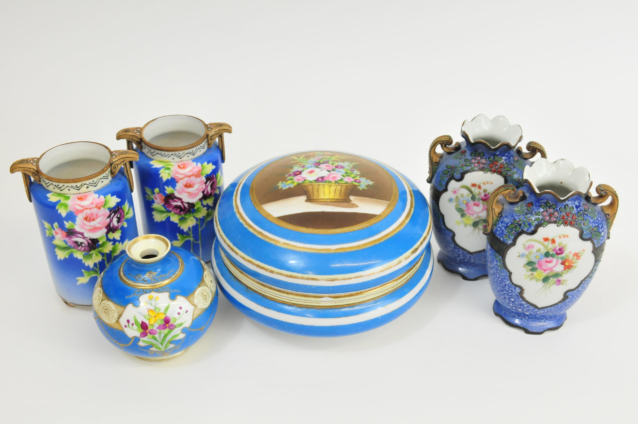 A group of two Noritake pairs of miniature vases with one other and a dish and cover all having