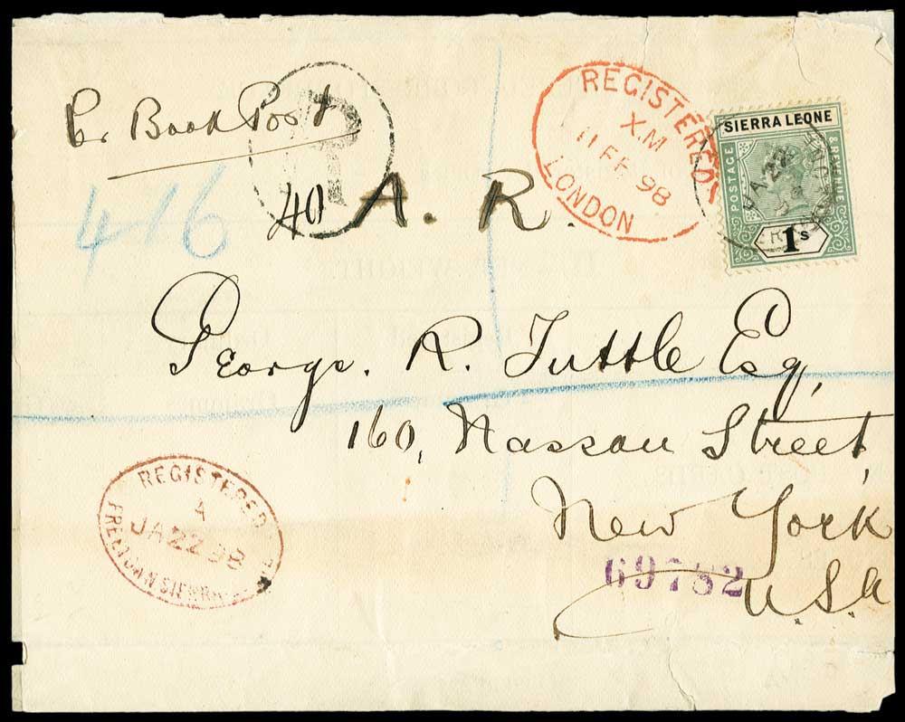 1898 January 2 registered wrapper to New York endorsed "Per Book Post" and "A.R." in manuscript with