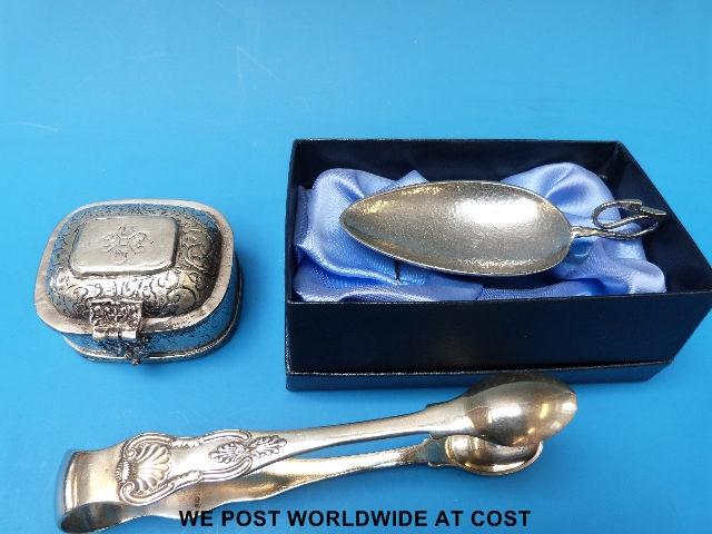 Tibetan white metal casket, reproduction duck handled spoon and some sugar nips