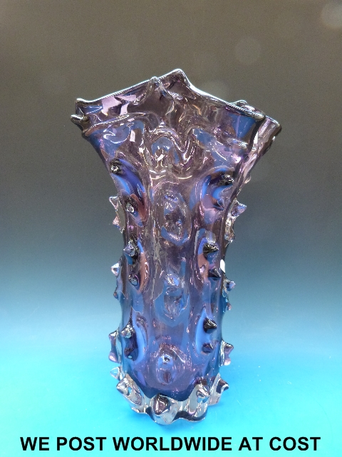 Very large amethyst studio glass vase with a textured deisgn similar to Whitefriars (47cm high and