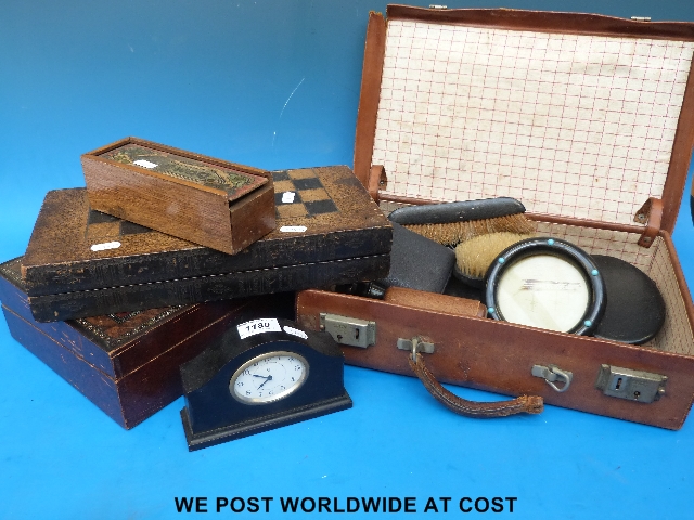 Vintage backgammon, dominoes, painted box with bible inside a small mantel clock and an extensive