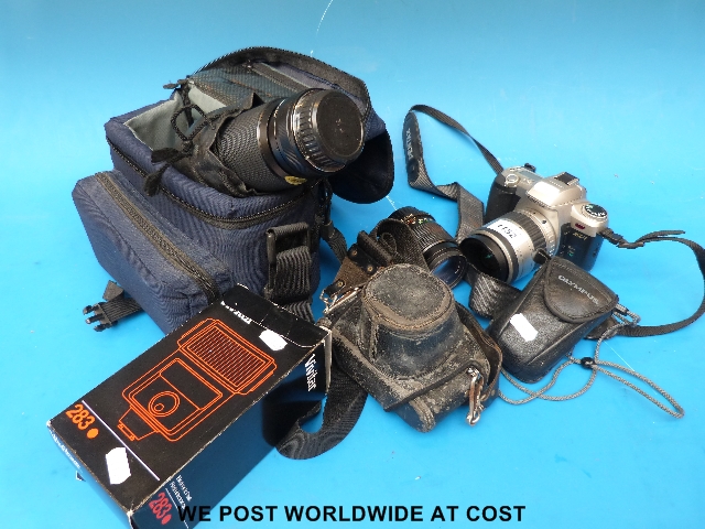 Two Pentax cameras including an M2-7 telephoto lens and other lenses, other cameras, quality Hash.
