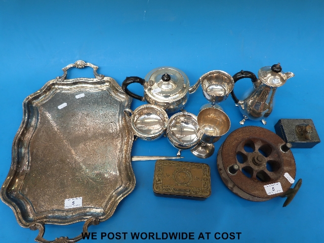 Good plated tray, tea set, figural dog cigarette box, 1913 tin, Scarborough style fishing reel