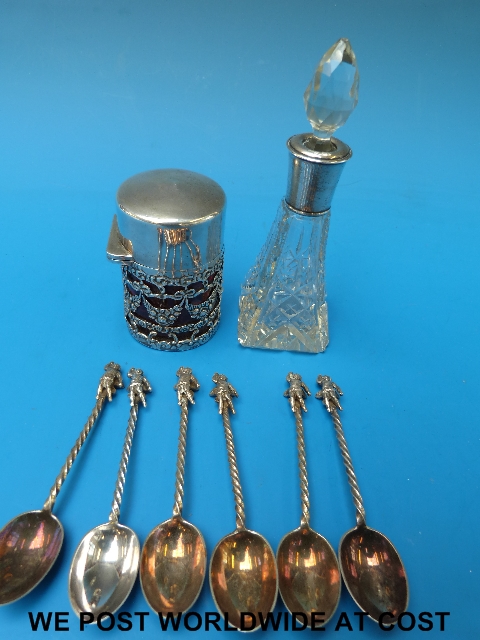 A silver lidded and latticework glass scent bottle with silver gilt interior (B'ham) together with