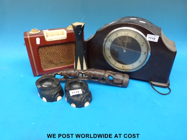 Collection of items including Smiths bakelite electric mantel clock, Stay Leader transistor radio,