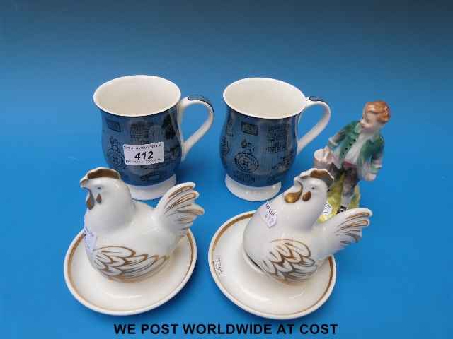 Royal Doulton figure "Jack" and two Royal Doulton Archive blue mugs, Royal Doulton egg coddlers