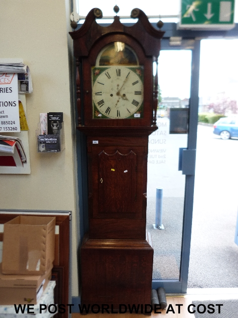 19thC mahogany longcase clock with painted dial and swan neck pediment