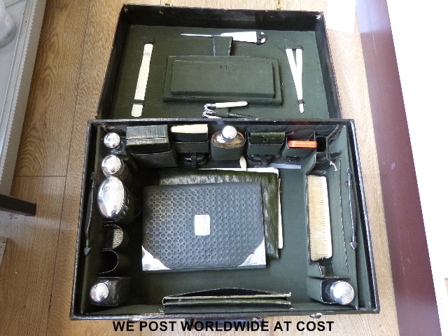 A Mappin and Webb travelling case with hallmarked silver and ivory items including hip flask,