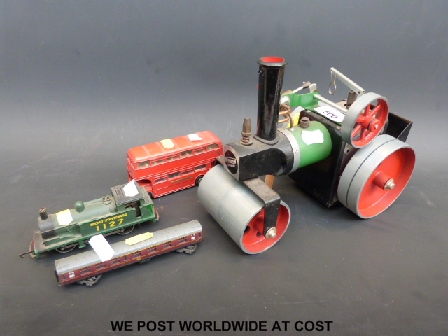 A Mamod live steam roller, a double 00 gauge tank locomotive, a Dinky toys Route Master bus 289