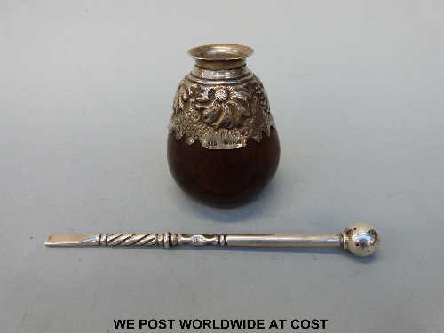 A silver-mounted Argentinian mate cup and bombilla pipe both marked 925