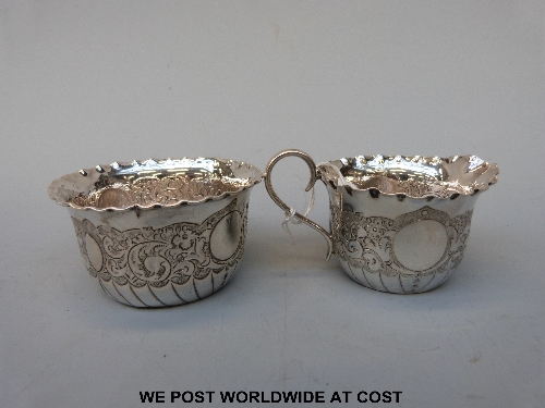 Victorian hallmarked embossed silver jug and sugar bowl, approx 104 g.