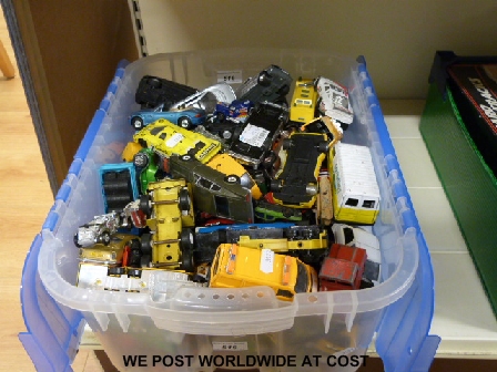 Large box of play worn vehicles including Dinky, Corgi, Matchbox etc.