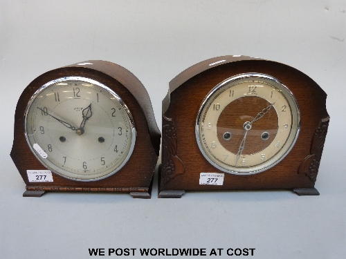 Two oak-cased mantel clocks