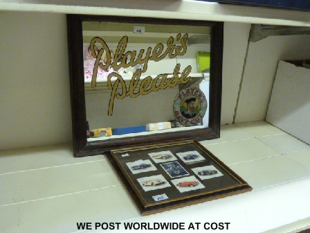 Players framed pub mirror and framed classic Morgan cars cigarette cards.