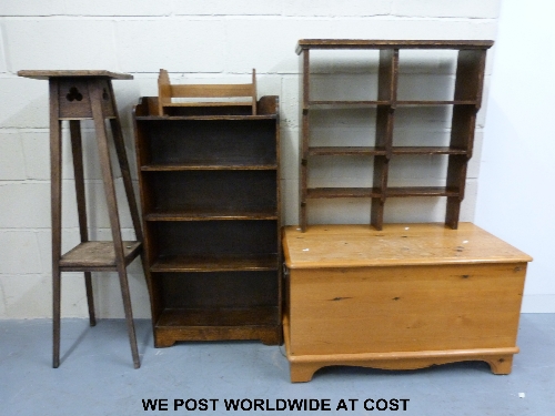 A set of oak bookshelves, an Art Deco oak book shelf, plant stand and a pine trunk