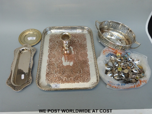 A silver plated gallery tray, other plated wares and a large quantity of souvenir teaspoons.