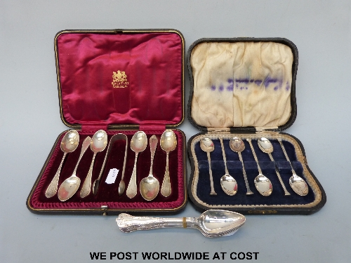 A cased set of six hallmarked silver teaspoons with sugar tongs, all with feather edge, weight