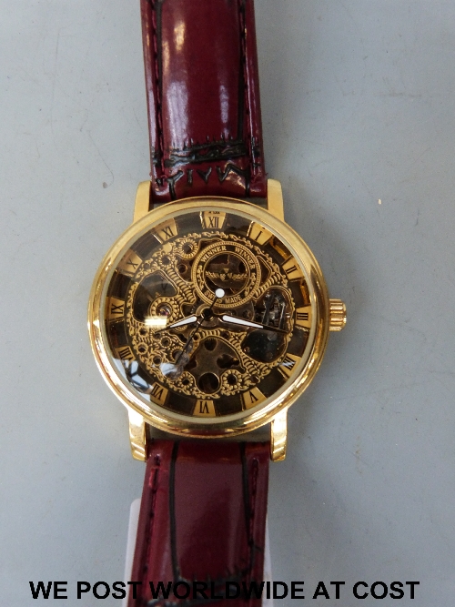 A Swiss made skeleton watch.