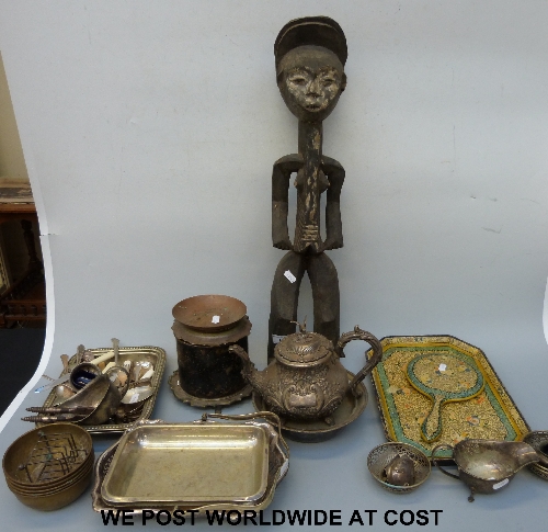 A collection of plated ware and Masons iron stone jug, tribal figure and a Kashmir lacquer tray