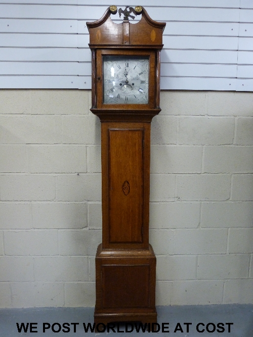 George Williams Bristol eight day long case clock striking on a bell, in oak case with silvered