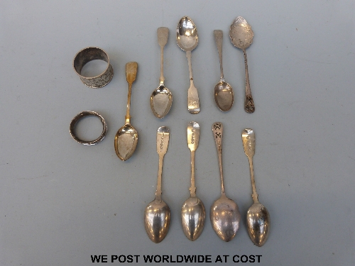 A quantity of Georgian / Victorian and late hallmarked silver spoons, napkin rings etc approx 200g