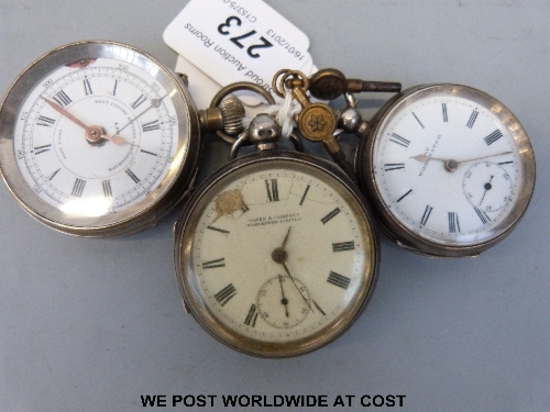 A Swiss Lega chronograph gent's pocket watch with keyless movement together with two silver cased