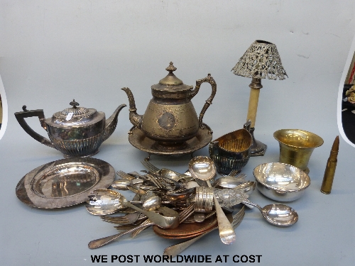 A tray of silver plate to include teapots, flatware etc