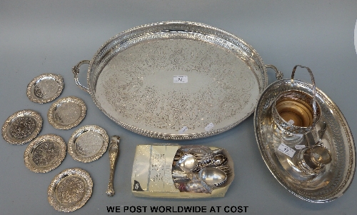 Plated wares, tray, cutlery, sugar tongs etc.