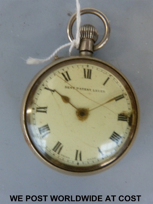 Silver cased 'Best Patent Lever' stem wound and set pocket watch, white dial Roman numerals.