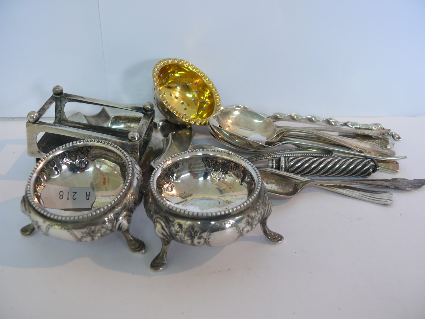 A pair of Victorian silver salts and two silver salt spoons; together with six silver teaspoons,