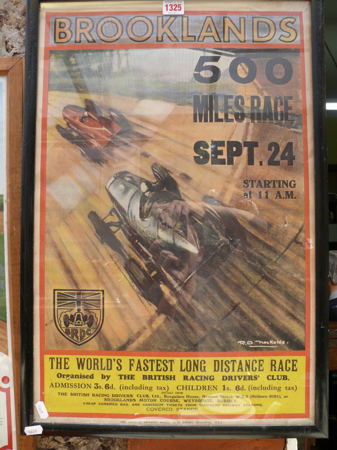 Of motor racing interest: an old Brooklands `500 Miles Race` advertising poster, after Roy Nockolds,