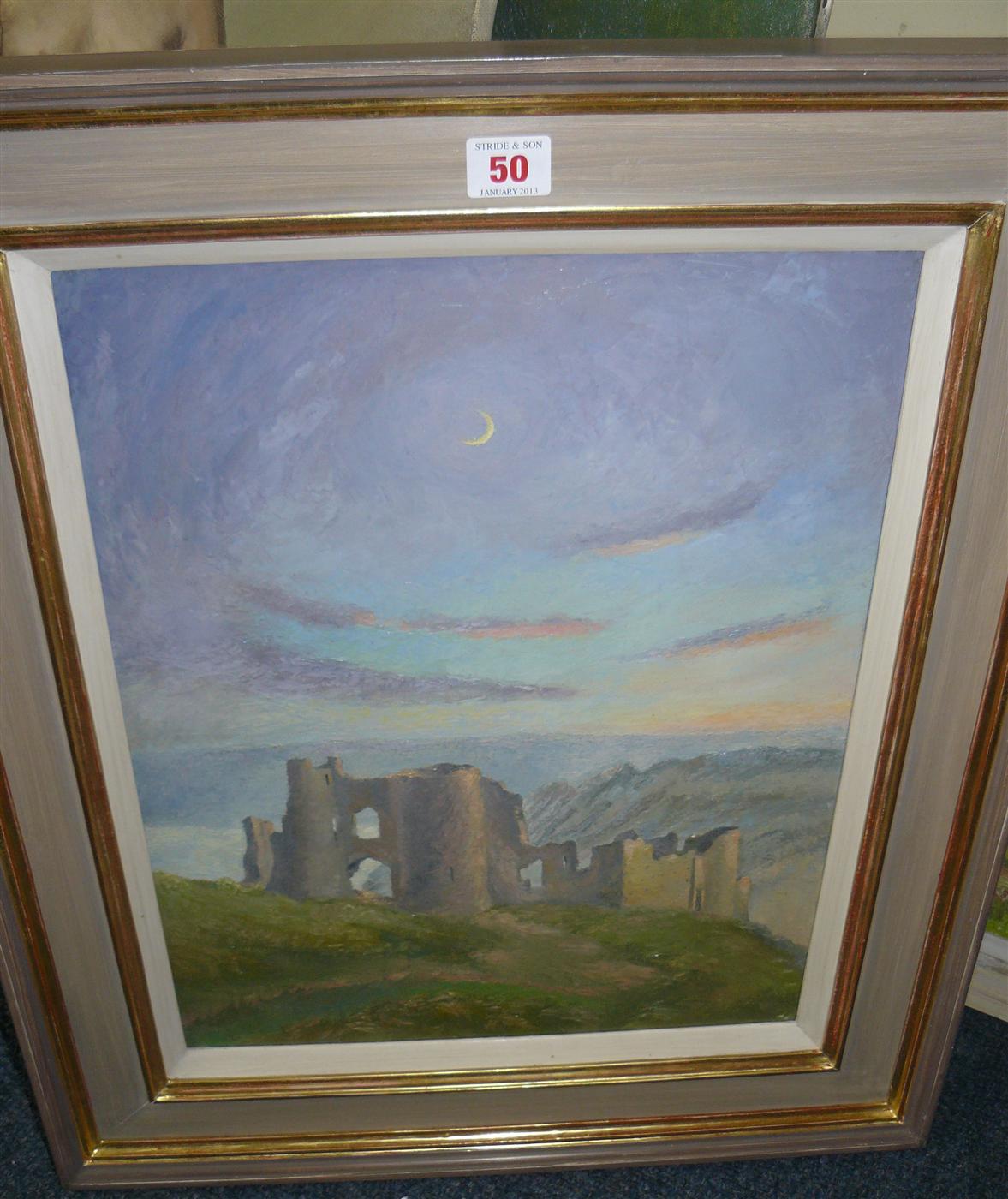 H Clarence Whaite, `Evening, Pennard Castle, Wales`, inscribed and dated 1957 verso, oil on