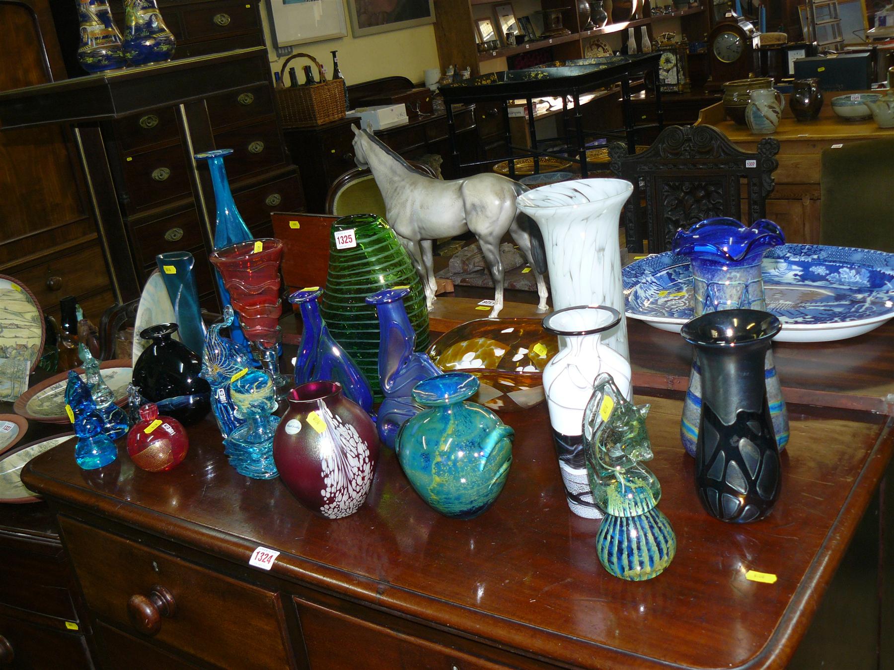 A mixed group of Continental coloured glass vases and similar.
