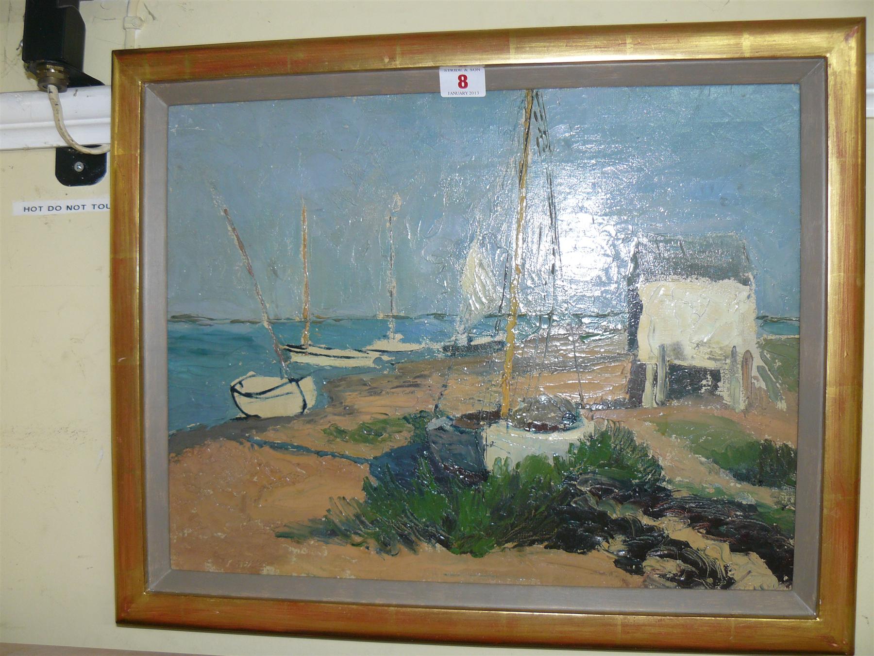 H Clarence Whaite, `The White Boats`, inscribed and dated 1938 verso, oil on canvas, 34 x 44cm.