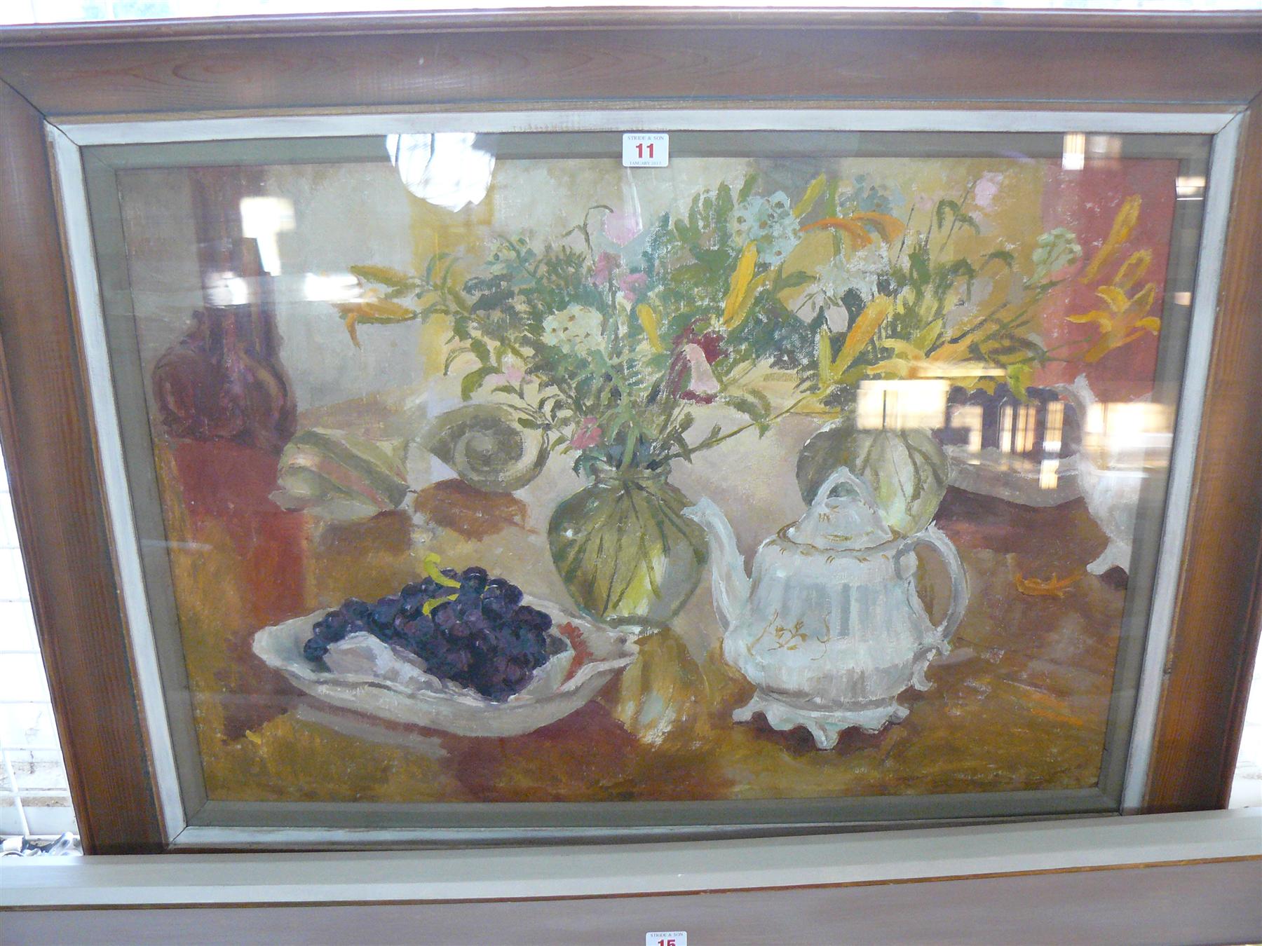 Gillian Whaite, still life of grapes, teapot and flowers on a sideboard, inscribed and dated 1.8.