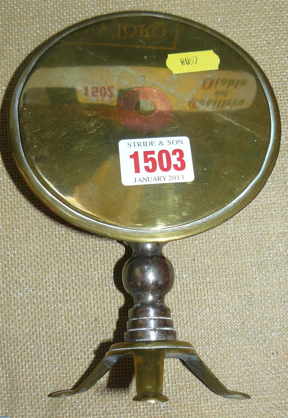 An old steel and brass miniature tilt-top circular tripod table, 12.5cm diameter.