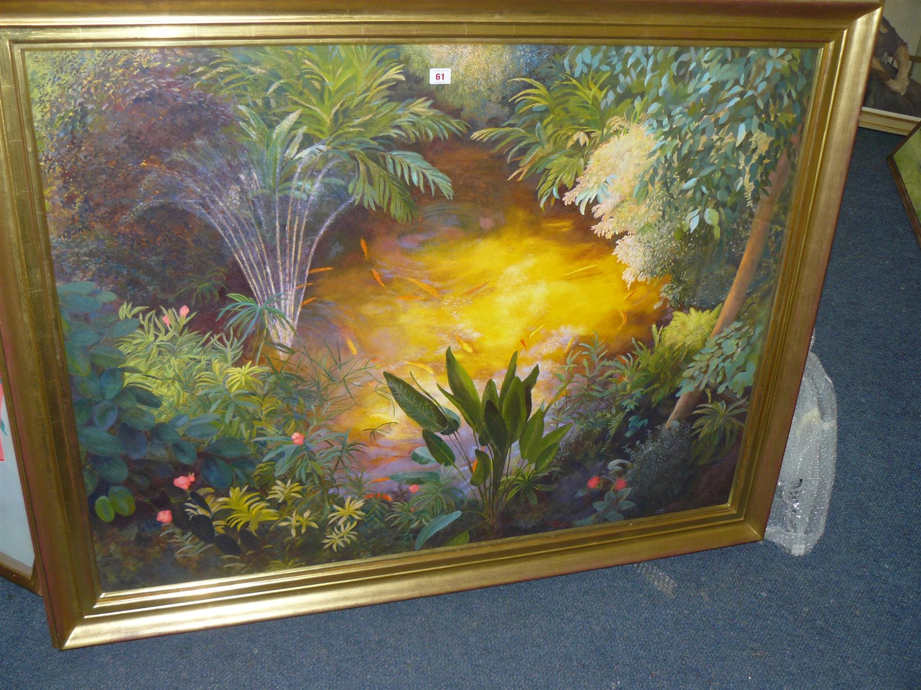 Gillian Whaite, `Goldfish Pool in the Barbican Conservatory`, inscribed and dated 1988 verso, oil on