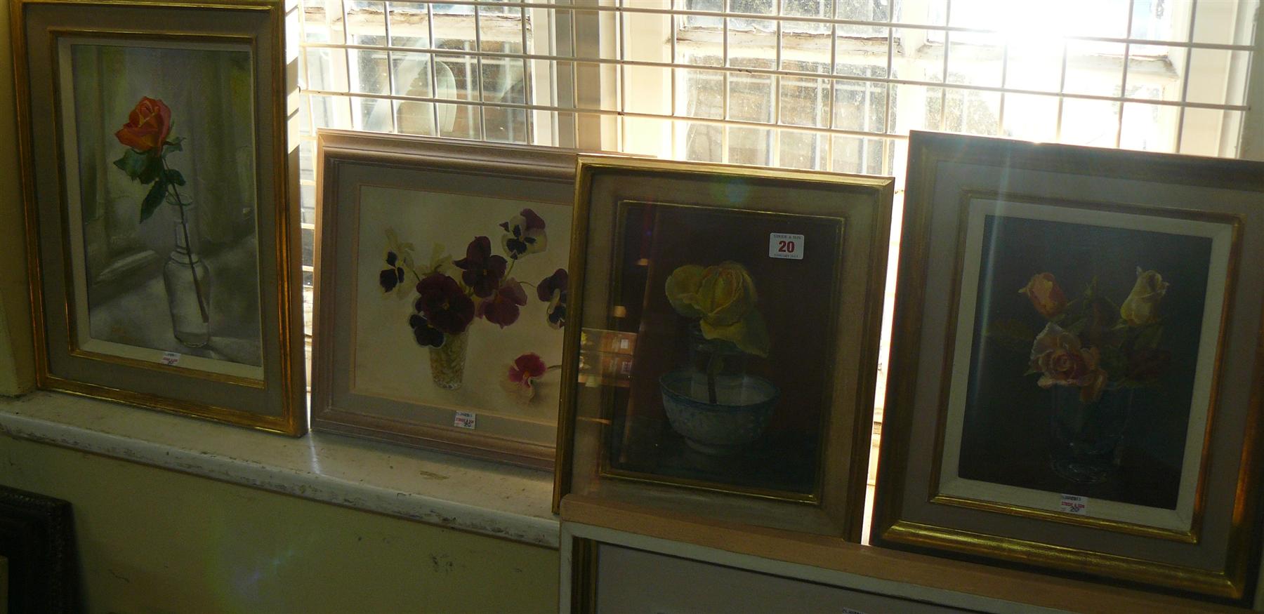 Gillian Whaite, four still lifes of flowers in vessels, each inscribed verso, oil, largest 35 x