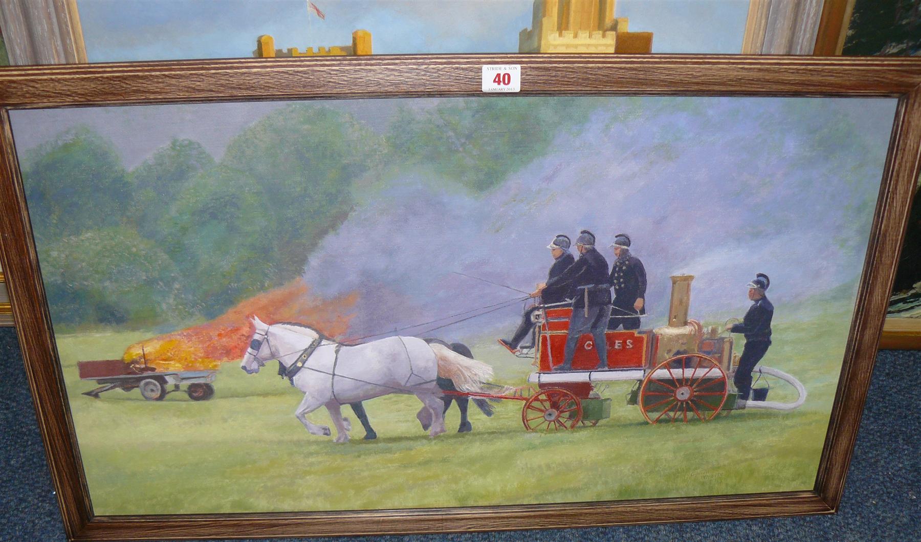 Gillian Whaite, `Horsedrawn steam engine attending fire`, inscribed and dated 2005 verso, oil on