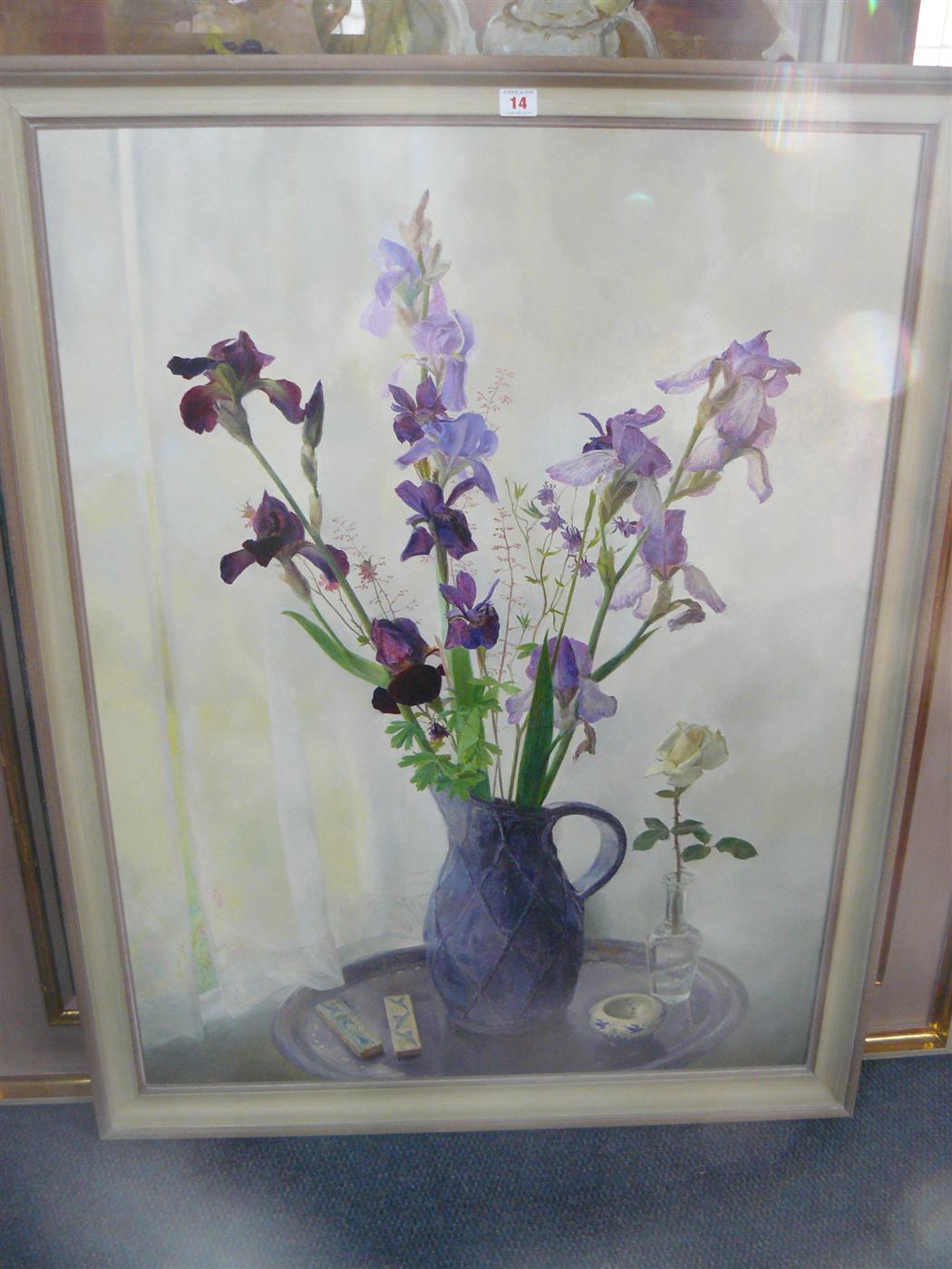 Gillian Whaite, `Irises`, inscribed and dated 28th May 82 verso, oil on board, 100 x 76cm.