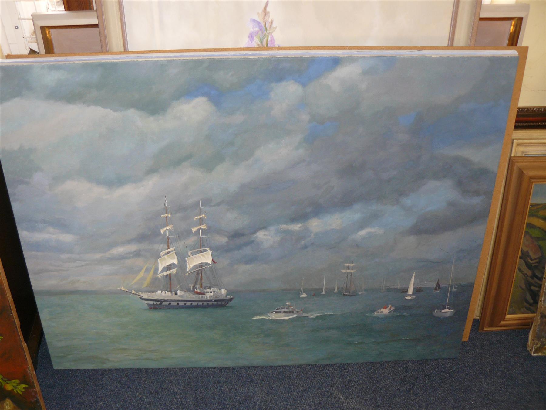 Gillian Whaite, `STS Stavros S Niarchos on Southampton Water`, inscribed and dated 2000 verso, oil