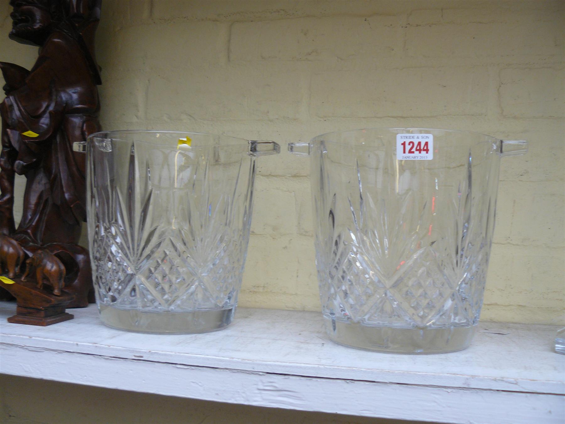 A boxed pair of Argyle crystal twin handled wine coolers or ice pails, 20cm high.