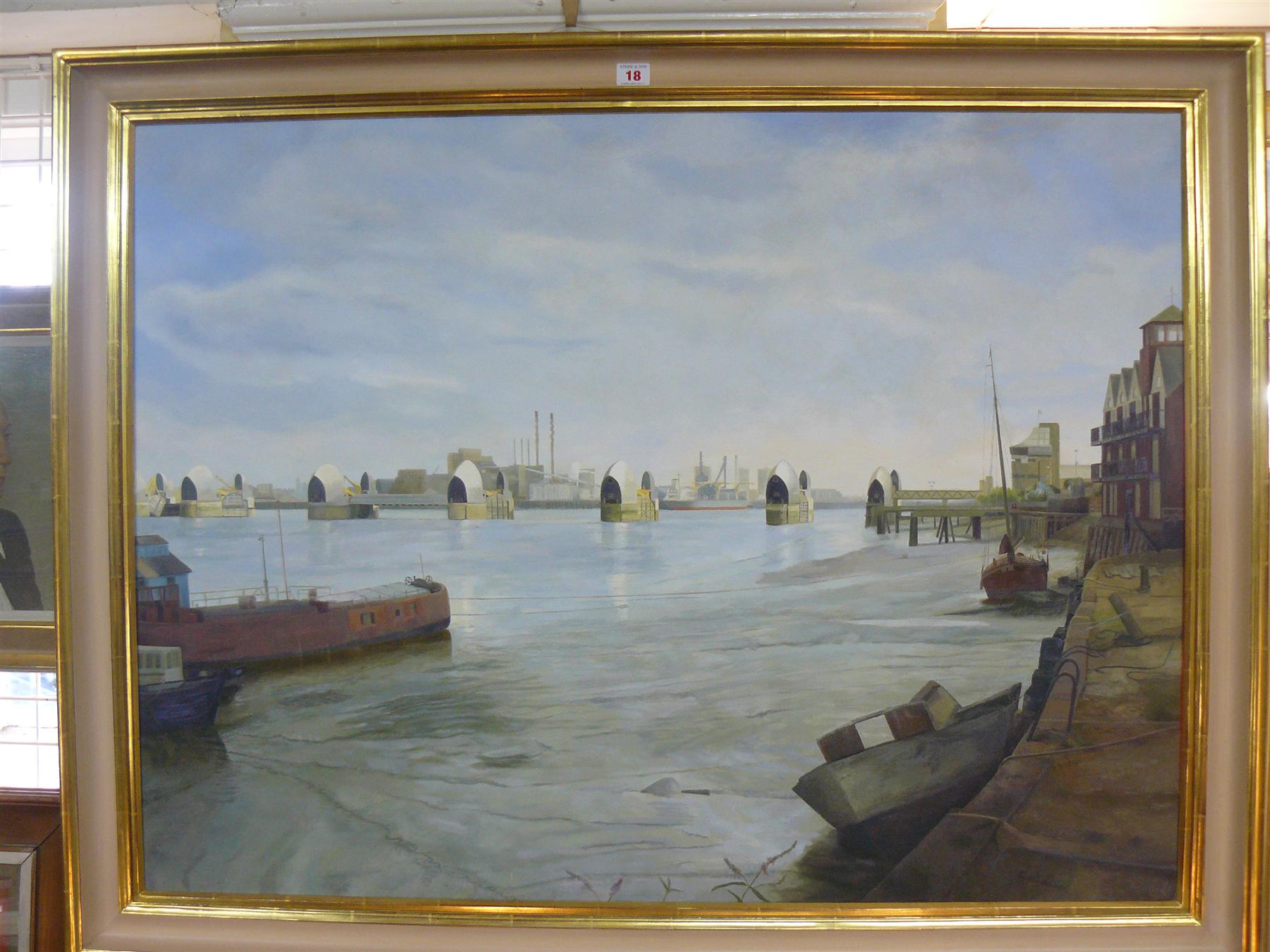 Gillian Whaite, `The Thames Barrier`, inscribed and dated 91 verso, oil on canvas, 75 x 100cm.